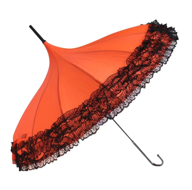 Fancy Frill Pagoda Umbrella With Long Lace Princess Handle