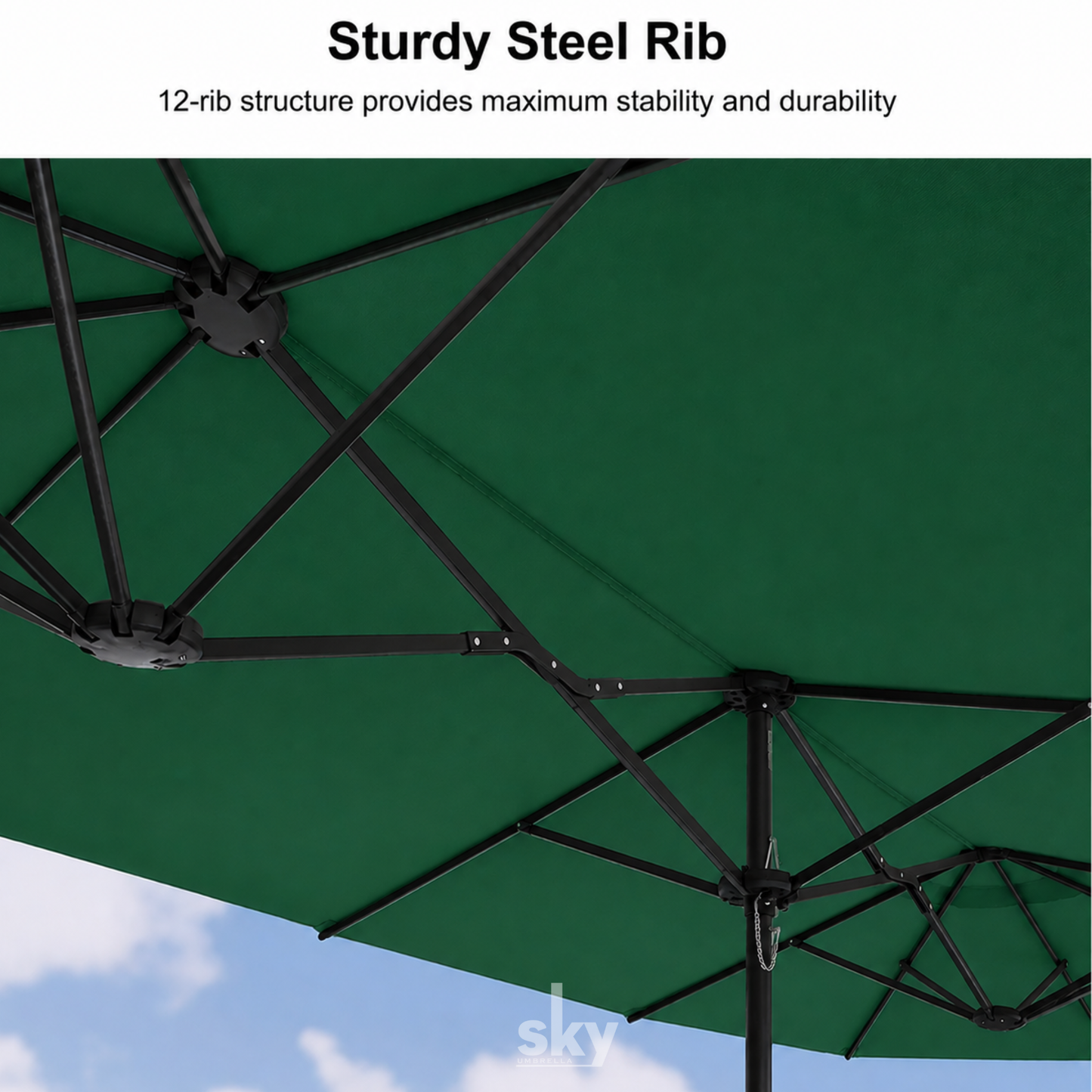 Green patio umbrella underside with black steel ribs and text reading 'Sturdy Steel Rib' and '12-rib structure provides maximum stability and durability' on a white banner.