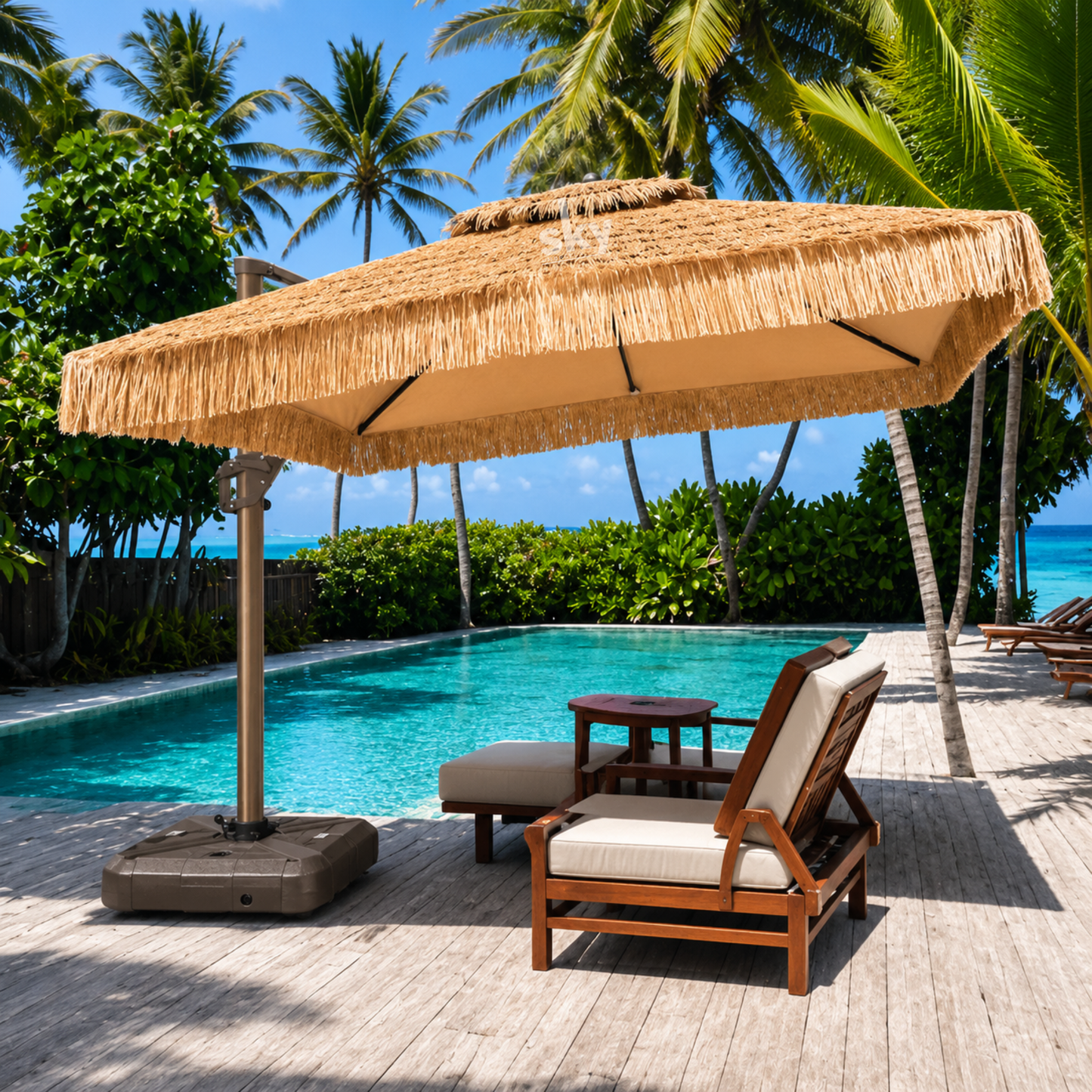 A large thatched patio umbrella with a beige canopy and silver base stands on a wooden deck beside a turquoise swimming pool. Two wooden lounge chairs with cream cushions are arranged under the umbrella, with palm trees, greenery, and ocean visible in the background.