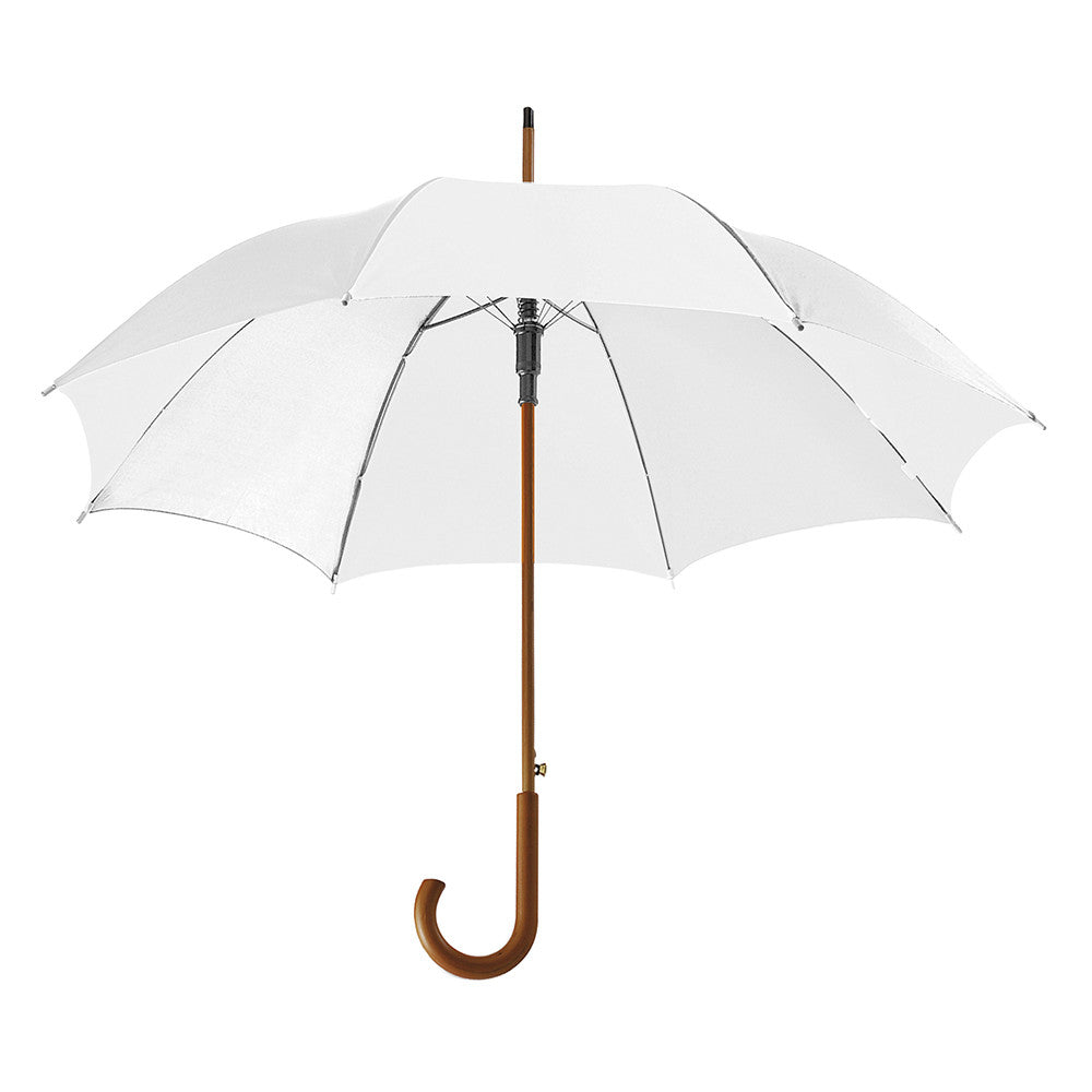 Luxury white umbrella with a polished wooden J-shaped handle