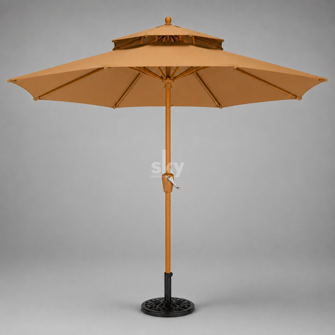 Khaki Centre Pole Double Layer Garden Umbrella, suited to a tea-estate plantation resort's muted colour palette
