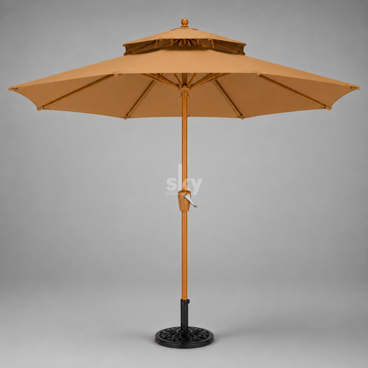 Khaki Centre Pole Double Layer Garden Umbrella, suited to a tea-estate plantation resort's muted colour palette