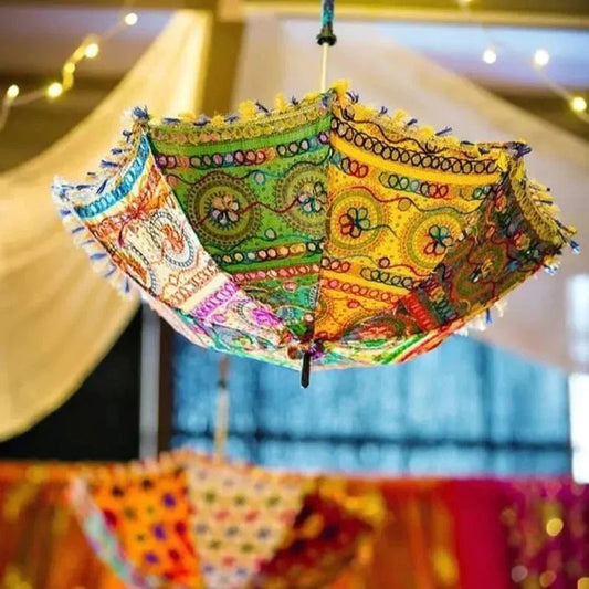 Handcrafted multicolour Jaipuri umbrella used as festive Navratri and Garba decor