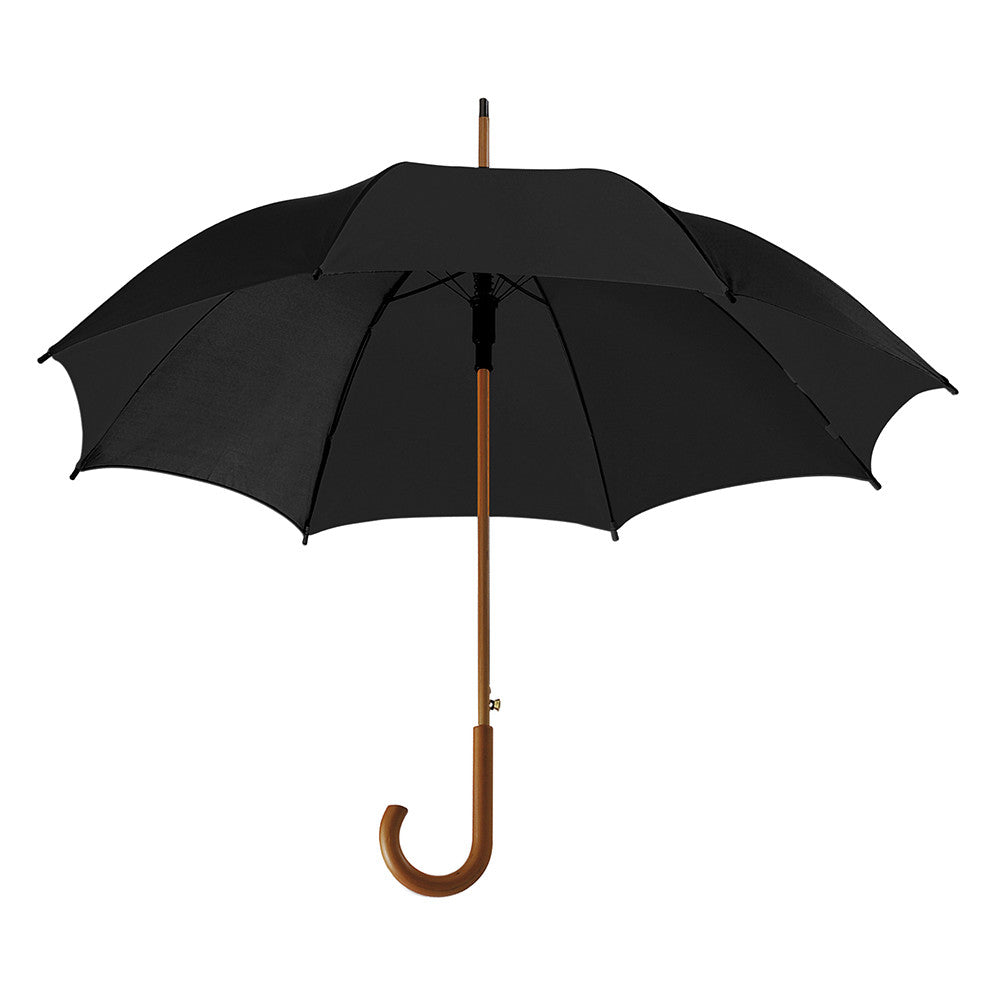 Classic black rain umbrella with a curved wooden handle, open against a white background