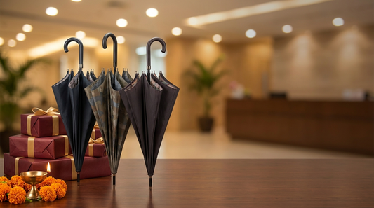 Premium branded umbrellas displayed with festive Diwali gift boxes and diya for year-end corporate gifting