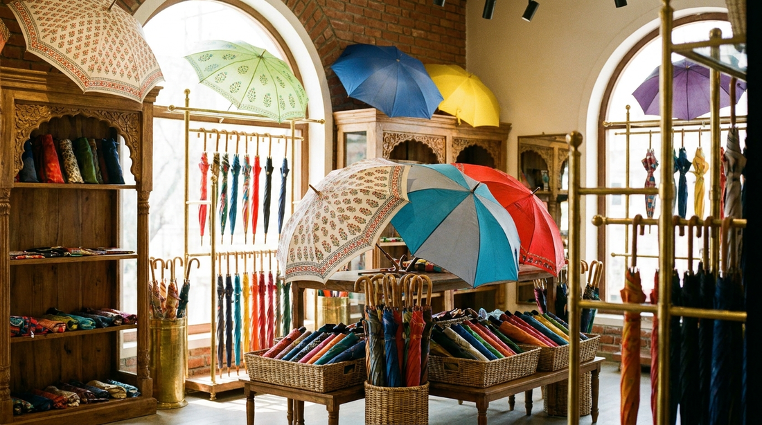 A bright, organized retail display of colorful folding umbrellas of various sizes on shelves inside an umbrella shop.