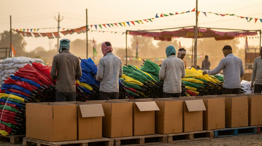 Workers organizing plain solid-color umbrellas into crates at an outdoor election campaign staging area in India