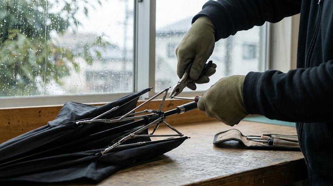 Close-up of hands repairing the bent rib of a black folding umbrella indoors with a screwdriver and pliers nearby.