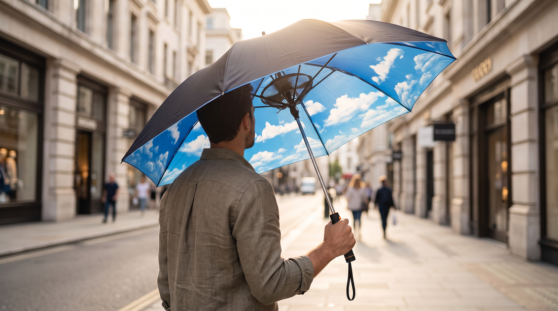 Person walking on a sunny street holding the Sky Umbrella built-in fan umbrella, redesigned from the actual product photo.