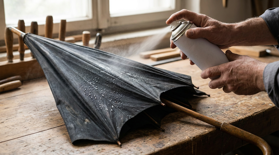 Close-up of hands applying waterproofing spray to an old umbrella's fabric canopy to restore its water resistance.