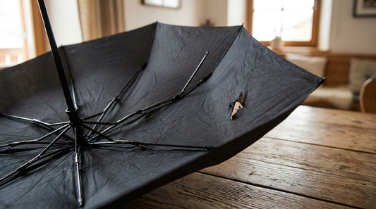A worn folding umbrella lying open indoors showing a bent metal rib and a small fraying tear near the canopy edge.