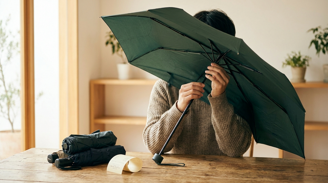 A person examining the ribs and frame of an open umbrella indoors, checking build quality before deciding on a purchase.