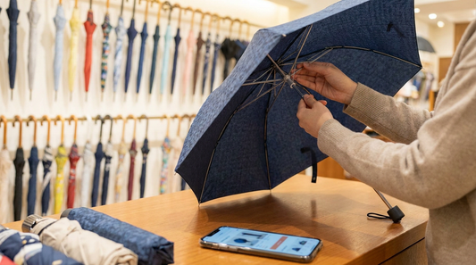 A customer inspecting a folded umbrella's ribs and fabric inside a retail shop with a smartphone resting nearby, illustrating online versus in-store umbrella shopping.
