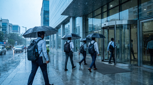 Young tech professionals with backpacks and laptop bags walking through a rain-soaked Indian city street holding compact umbrellas during their morning commute