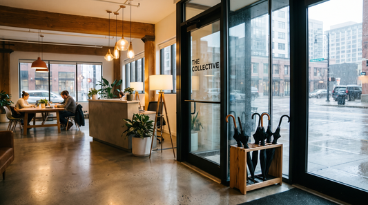 Monsoon rain outside a modern co-working space lobby, members pausing near reception with folded umbrellas before heading out into the wet street
