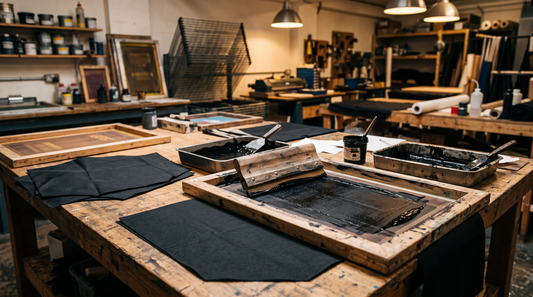 Close-up of a screen-printing workstation with ink, mesh screens, and squeegees mid-production in an umbrella manufacturing unit