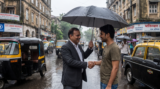A person walking under a branded umbrella on a rain-soaked Mumbai street during monsoon, with office buildings and traffic blurred in the background