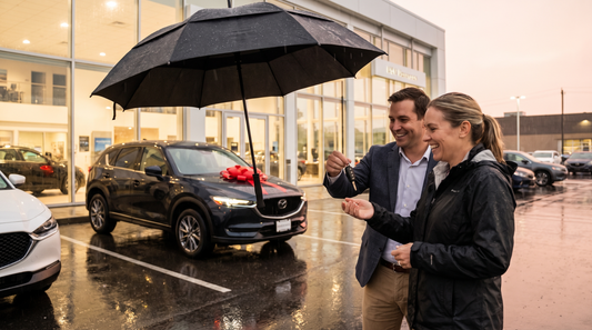 Family celebrating a new car delivery outside an Indian showroom on a rainy day, holding a branded umbrella beside the ribbon-tied car