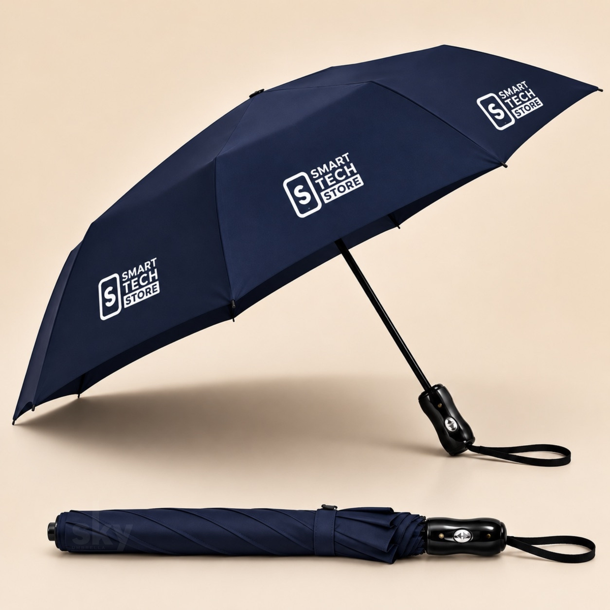 A navy blue folding umbrella with white 'SMART TECH STORE' logos printed on the canopy, shown open and closed on a warm beige background.
