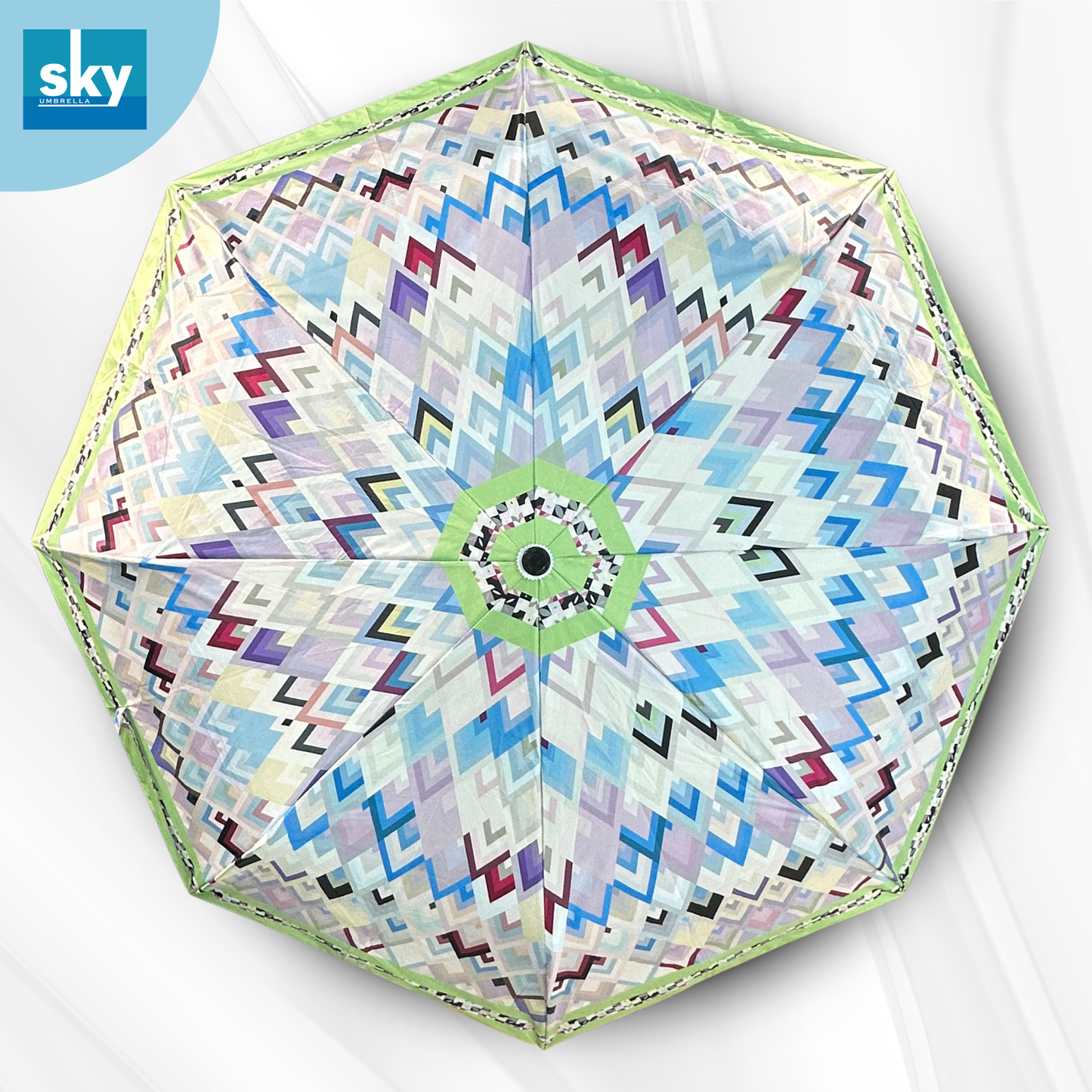 top view of Compact 3 Fold Printed Umbrella featuring Geometric blue and green design with premium fabric and wind resistant Frame. 