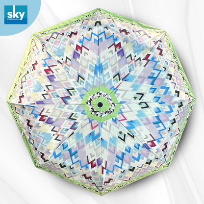 top view of Compact 3 Fold Printed Umbrella featuring Geometric blue and green design with premium fabric and wind resistant Frame. 