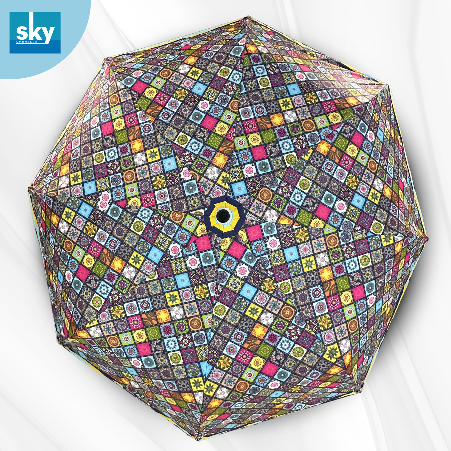 Classic Umbrella top view of Compact 3 Fold Printed Umbrella featuring Geometric multicolor design with premium fabric and wind resistant Frame. 