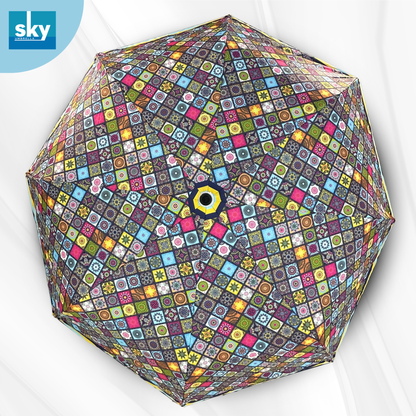 Classic Umbrella top view of Compact 3 Fold Printed Umbrella featuring Geometric multicolor design with premium fabric and wind resistant Frame. 
