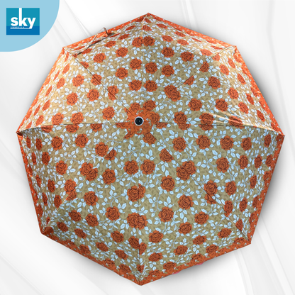 Classic Umbrella top view of Compact 3 Fold Printed Umbrella featuring orange floral print with premium fabric and wind resistant Frame. 