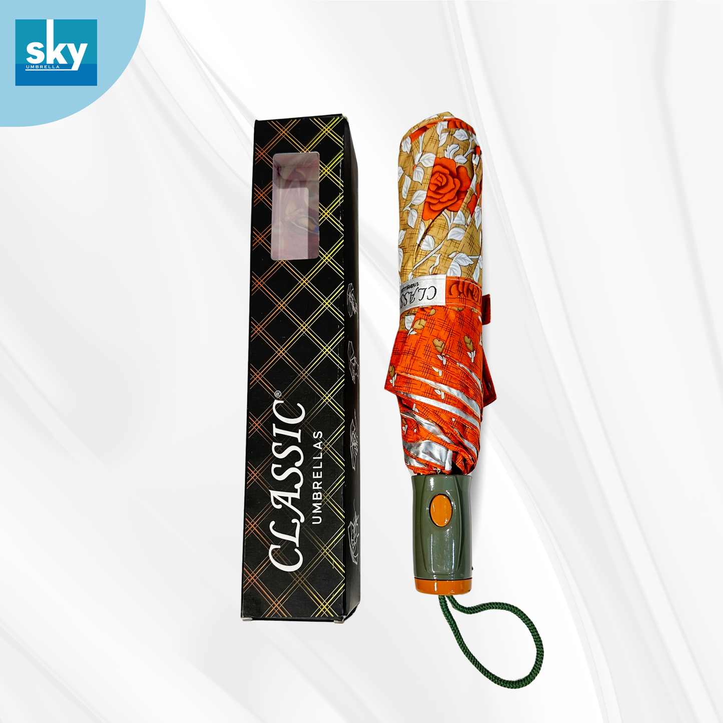 Classic Umbrella automatic opening 3 fold ladies umbrella with elegant orange floral print, compact folding design with box.