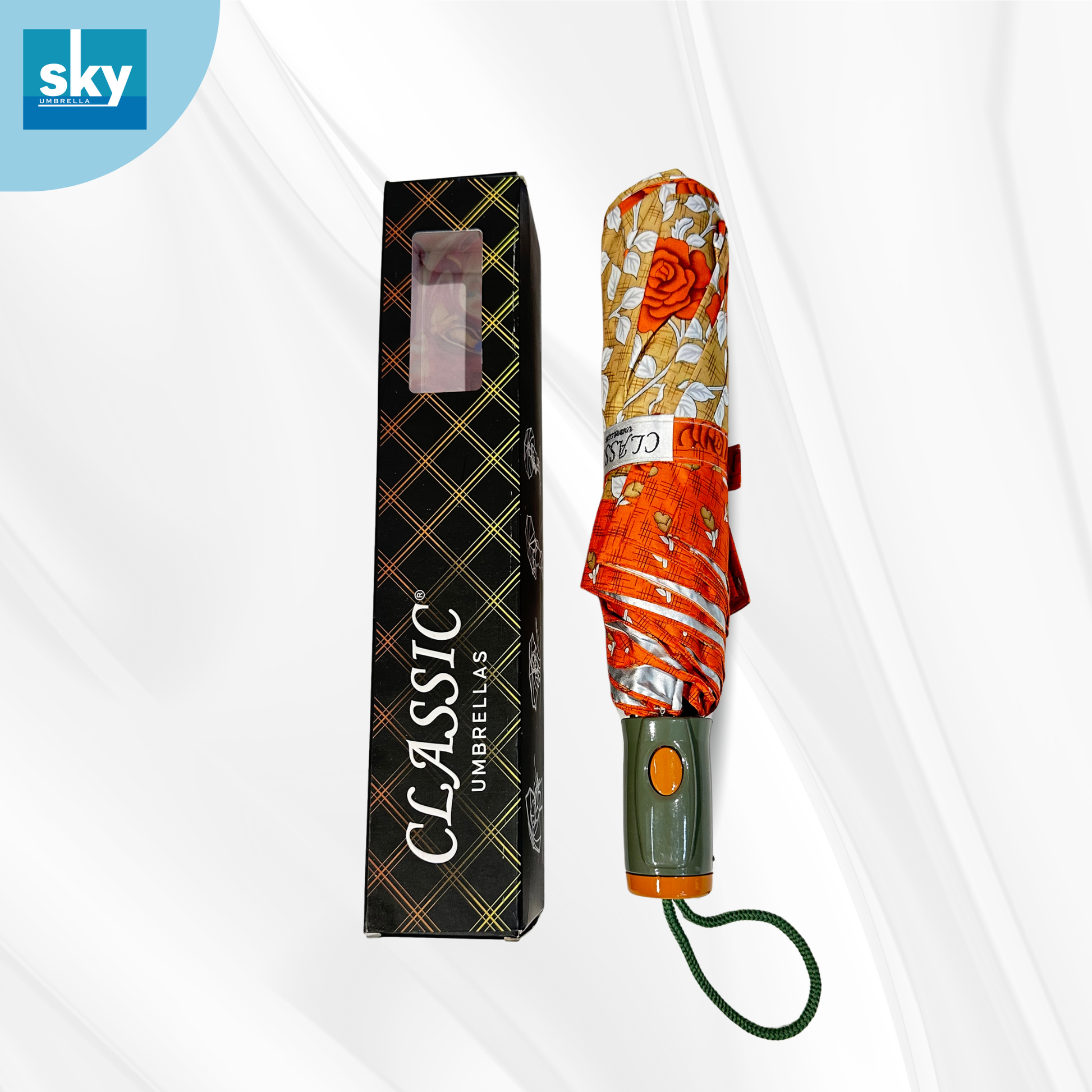 Classic Umbrella automatic opening 3 fold ladies umbrella with elegant orange floral print, compact folding design with box.