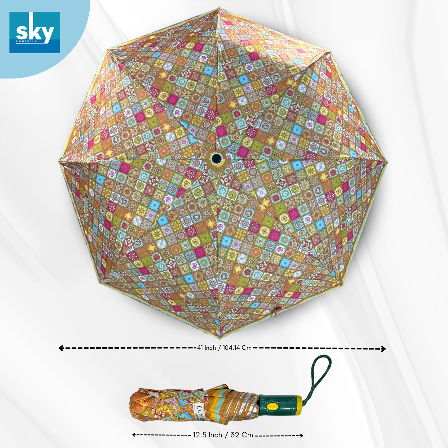 Classic Umbrella automatic opening 3 fold ladies umbrella with elegant pink floral print, compact folding design. Open and Close View