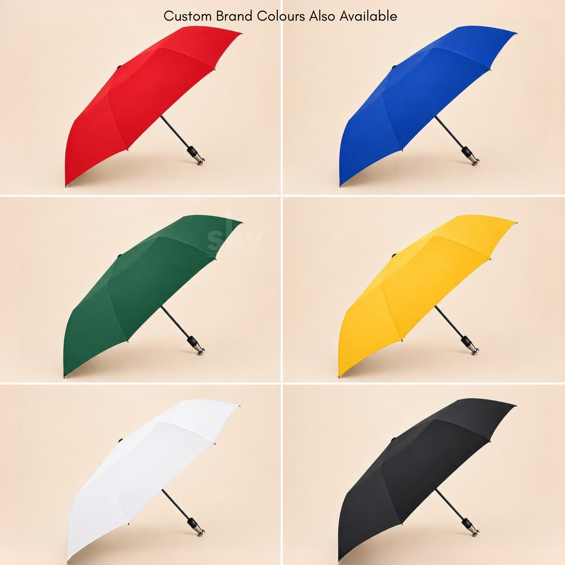 Six 3 fold umbrellas shown in a 2x3 grid on a light beige background, with the text 'Custom Brand Colours Also Available' at the top. The umbrellas are shown in red, blue, green, yellow, white and black.