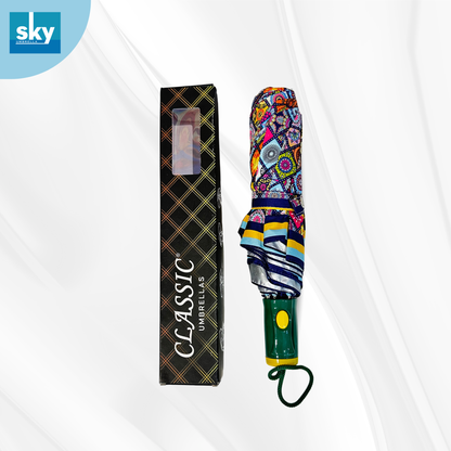 Classic Umbrella automatic opening 3 fold ladies umbrella with elegant multi color print, compact folding design with box.