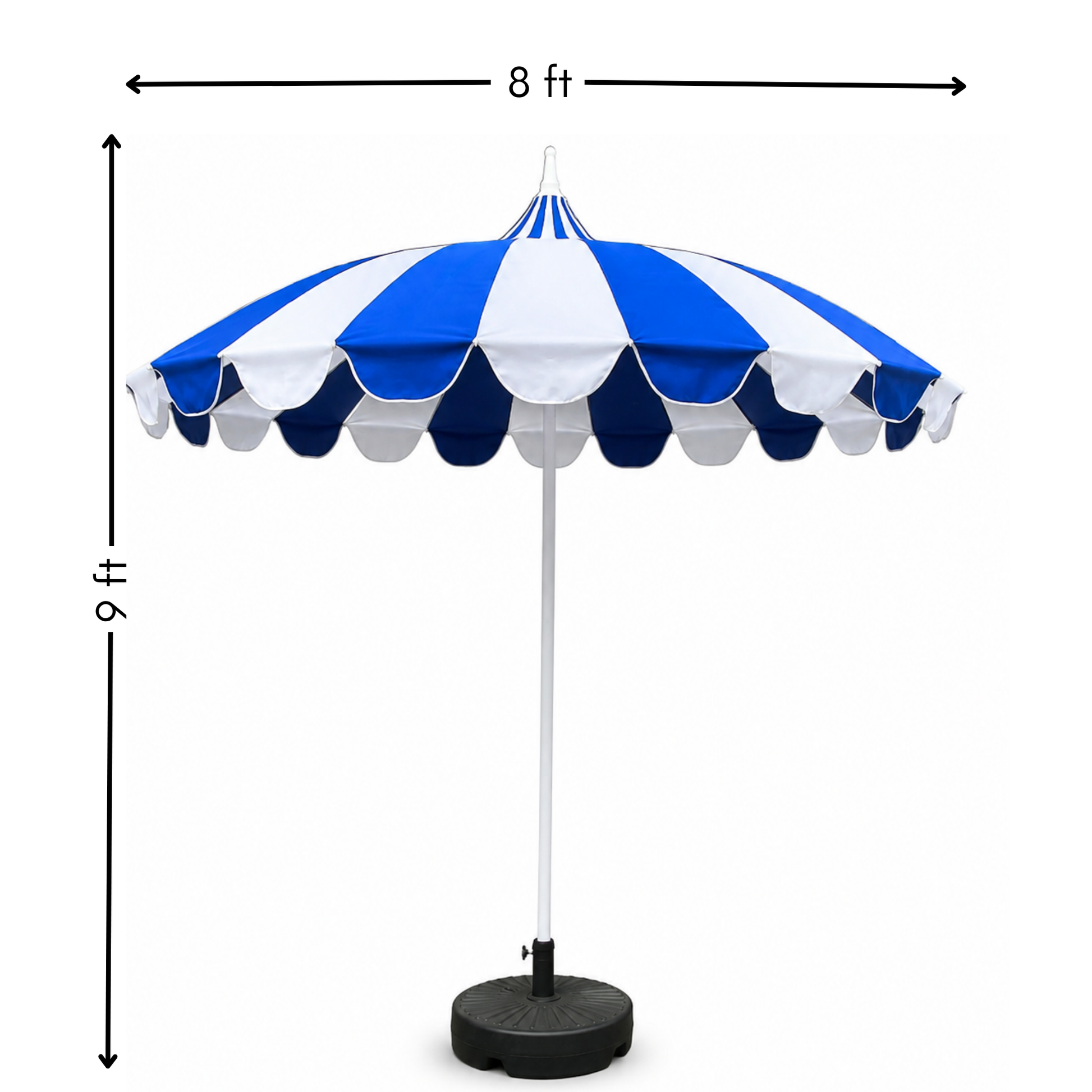 Blue and white striped patio umbrella with a black base and pole, shown with dimension arrows indicating 8 ft width and 9 ft height.
