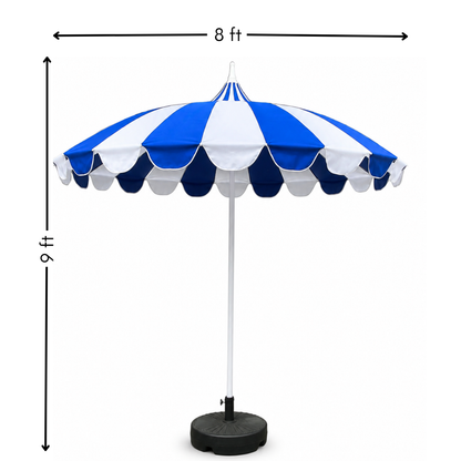 Blue and white striped patio umbrella with a black base and pole, shown with dimension arrows indicating 8 ft width and 9 ft height.