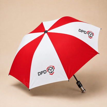 A red and white striped promotional umbrella with the DPD logo printed on each panel, shown open against a solid beige background.