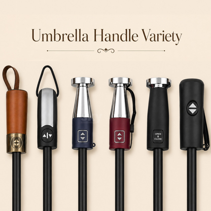 Six auto open and close umbrella handles in different colors and materials are lined up against a light beige background with the text 'Umbrella Handle Variety' at the top. The handles include brown leather, black with silver, black with navy, black with burgundy, black with silver, and black with a wrist strap.