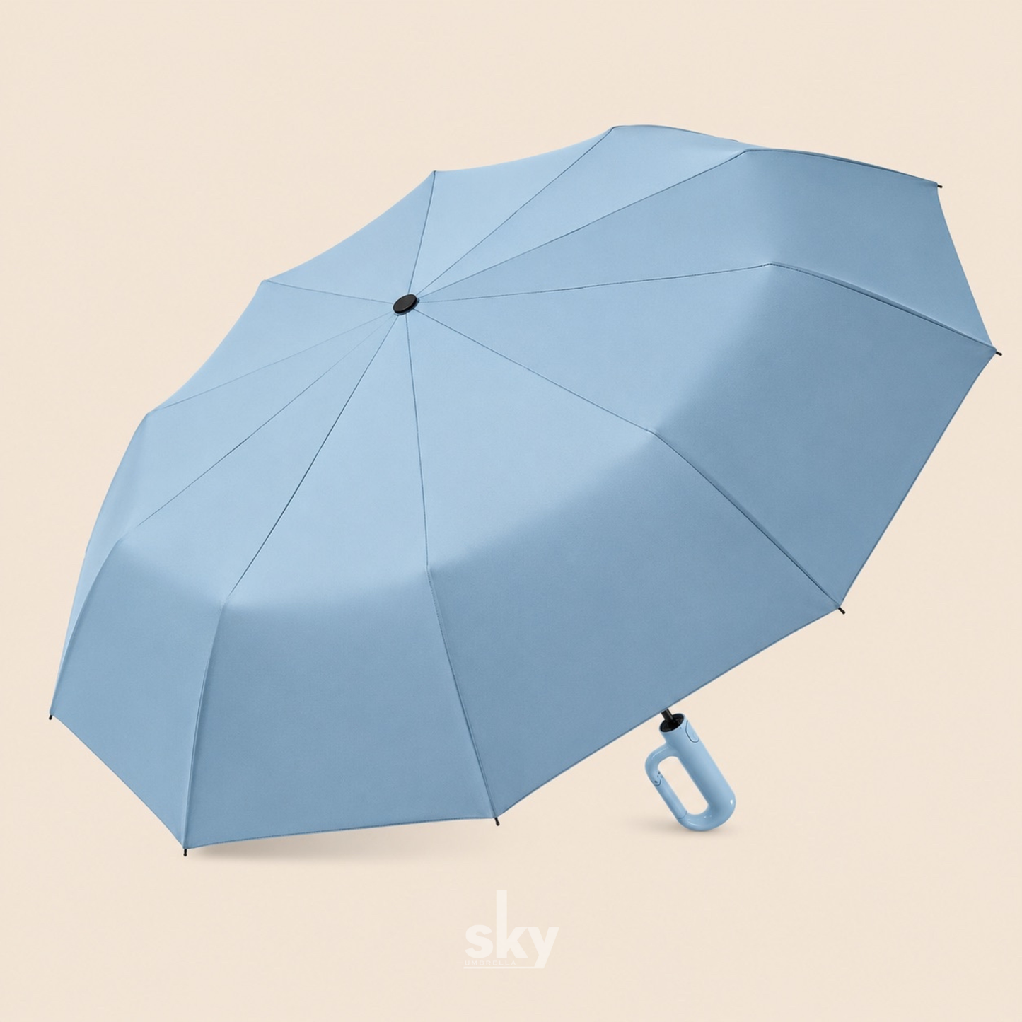 A light blue open umbrella with a matching blue handle and black tip, shown on a plain beige background.