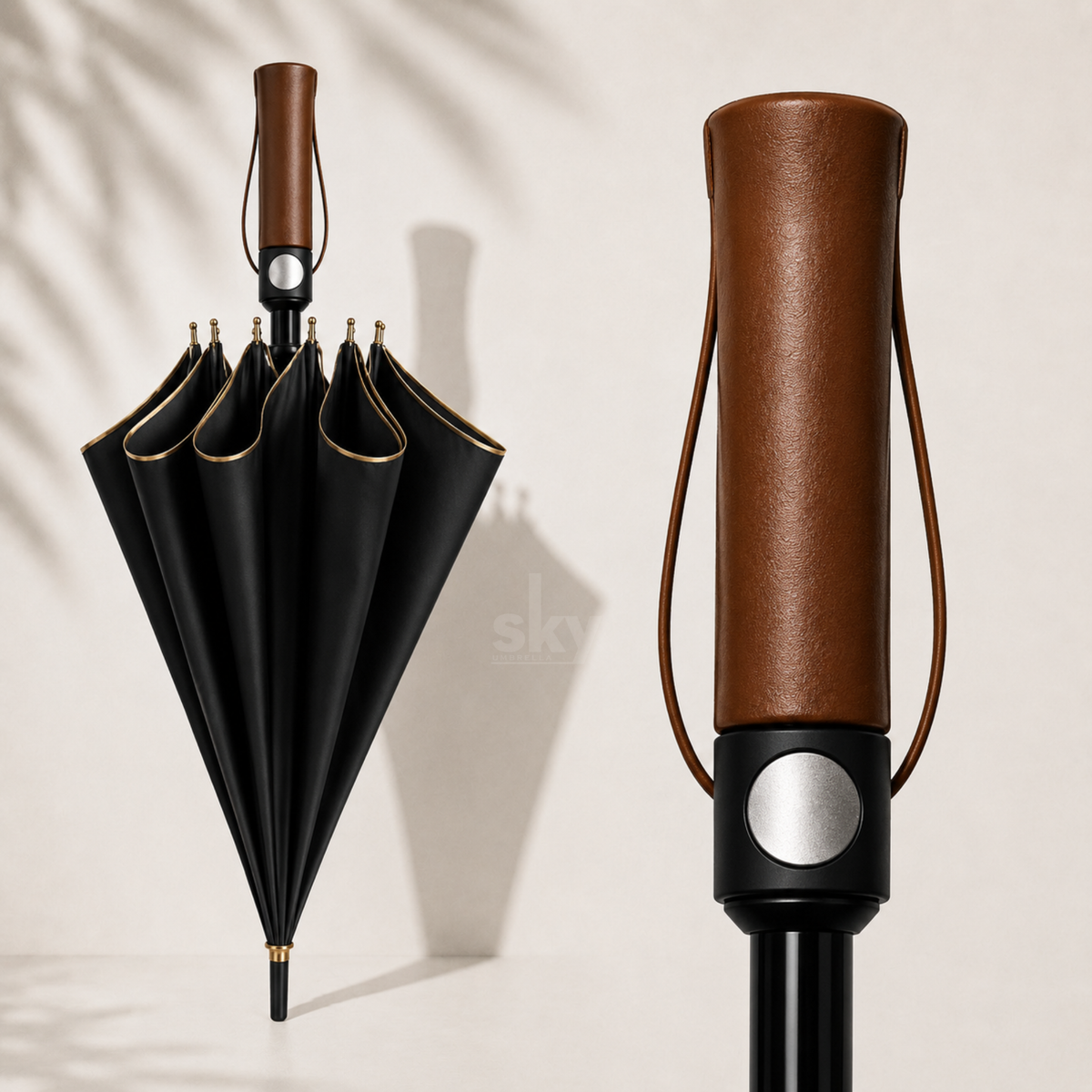 A luxury retractable umbrella shown in two views: fully opened on the left with a black canopy, brown leather handle, and gold trim, and a close-up of the handle on the right. The background is a warm off-white with soft leaf shadows.