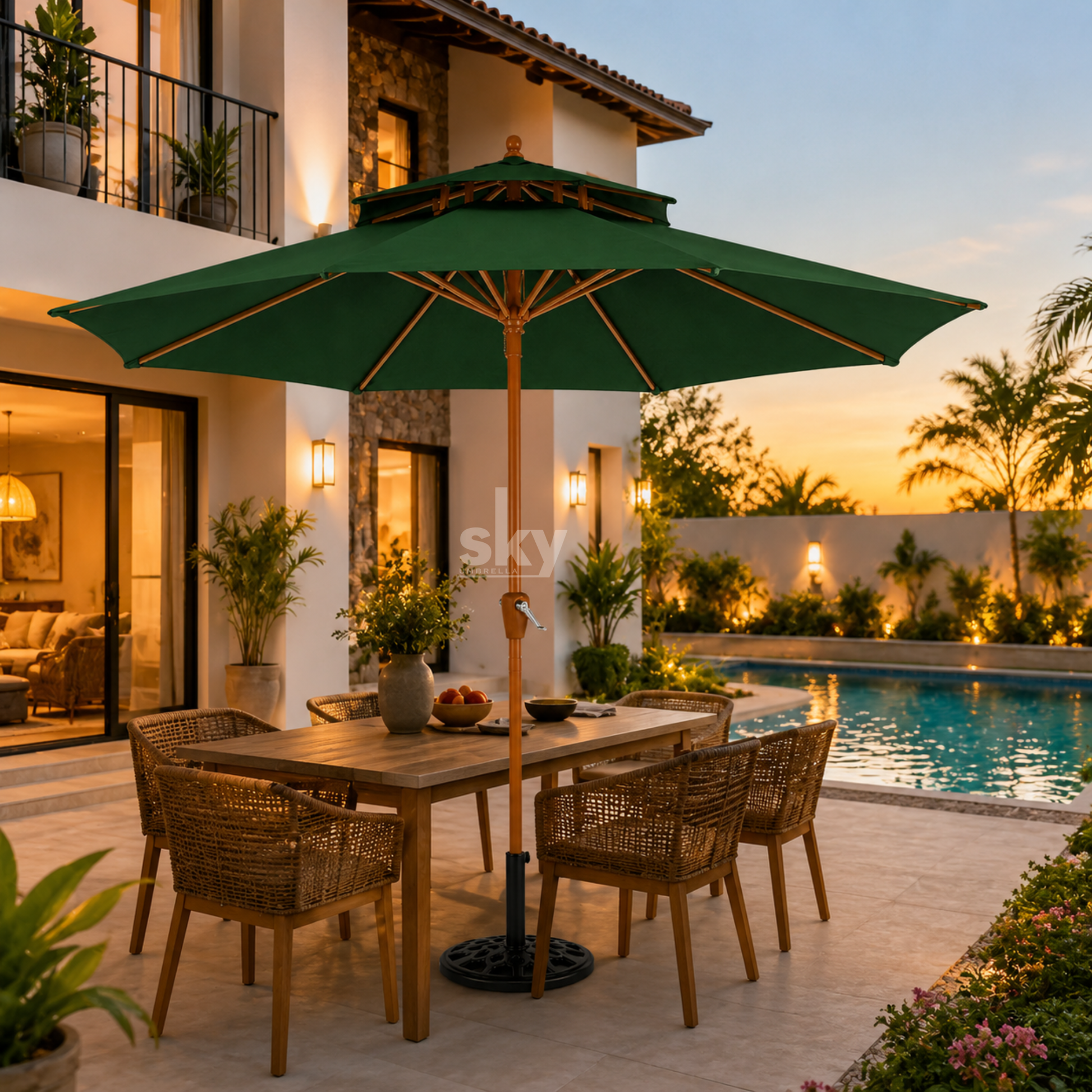 A large green outdoor patio umbrella with a double-tiered canopy and a wood finish pole that stands over a wooden dining table and woven chairs beside a swimming pool at sunset. The scene is set in a luxurious residential patio environment with warm lighting and tropical plants.