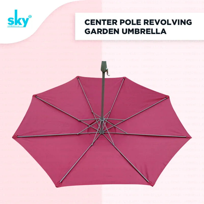 Maroon garden umbrella with 'sky' brand on a light pink background