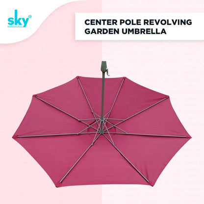 Maroon garden umbrella with 'sky' brand on a light pink background