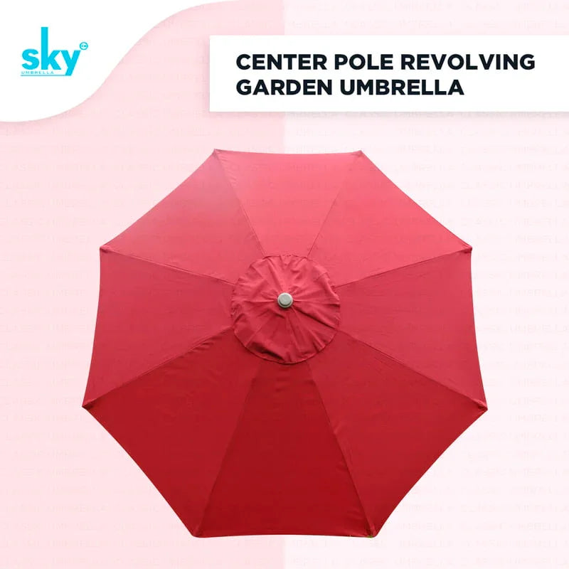 Maroon garden umbrella with 'sky' brand logo on a light pink background. Top view of the umbrella 