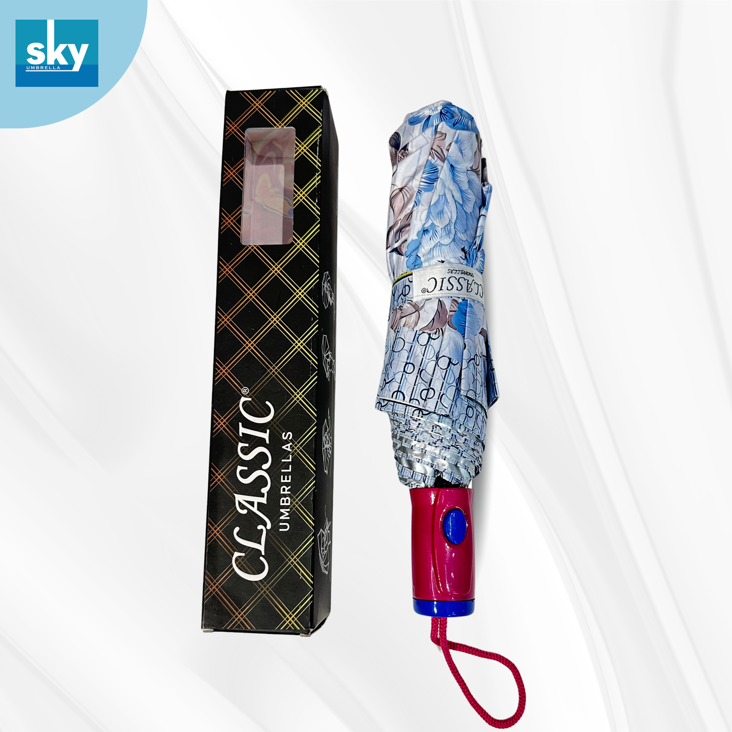 Classic Umbrella automatic opening 3 fold ladies umbrella with elegant blue and grey floral print, compact folding design with box.