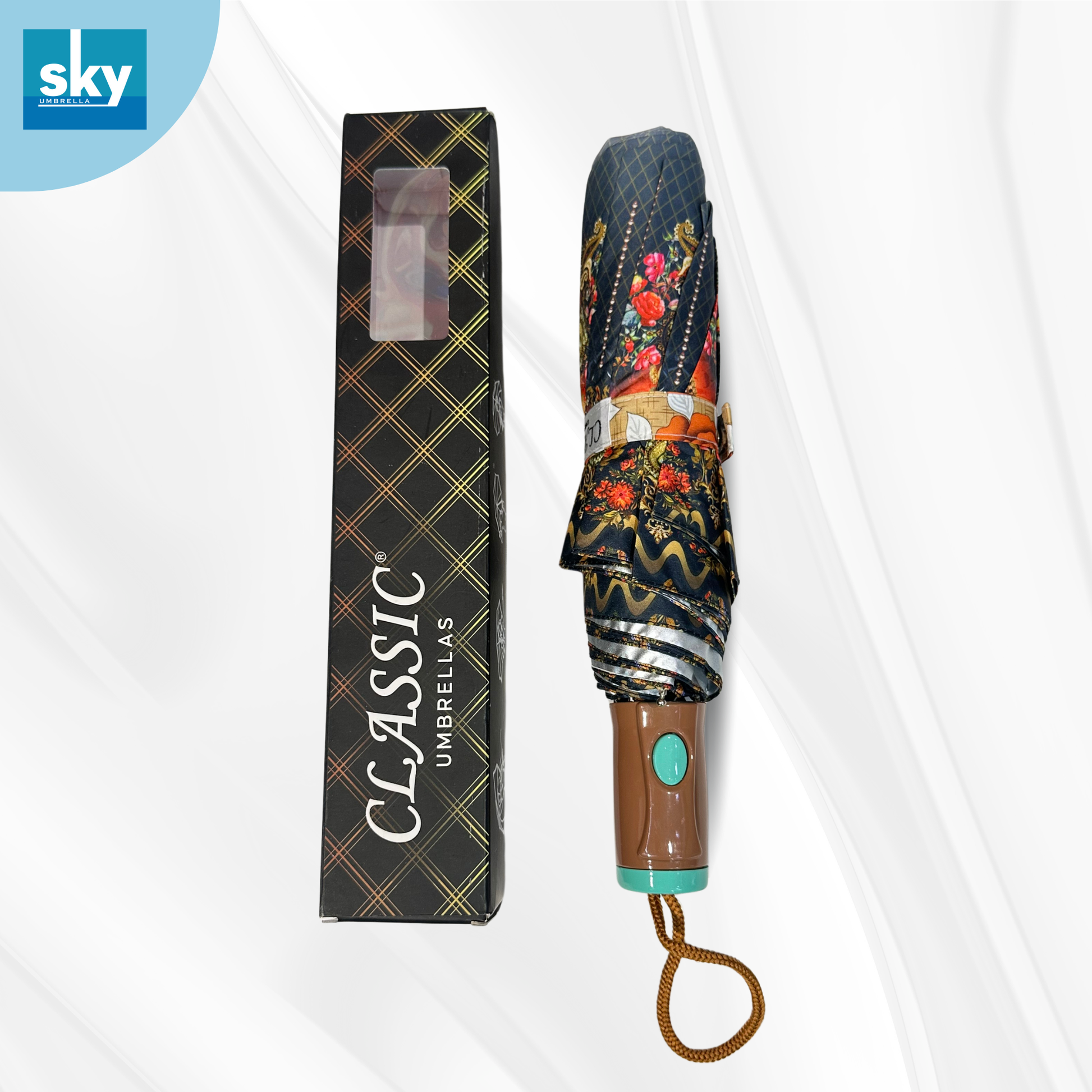 Classic Umbrella automatic opening 3 fold ladies umbrella with elegant ombre grey floral print, compact folding design with box.
