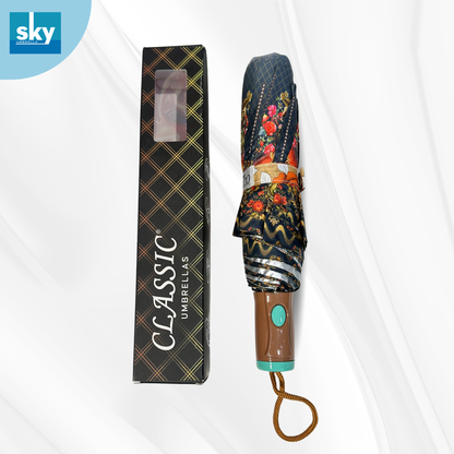 Classic Umbrella automatic opening 3 fold ladies umbrella with elegant ombre grey floral print, compact folding design with box.