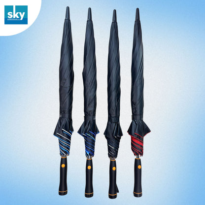 Four closed umbrellas displayed upright against a light blue gradient background. Three umbrellas are black with blue striped canopies, and one is black with a red striped canopy.