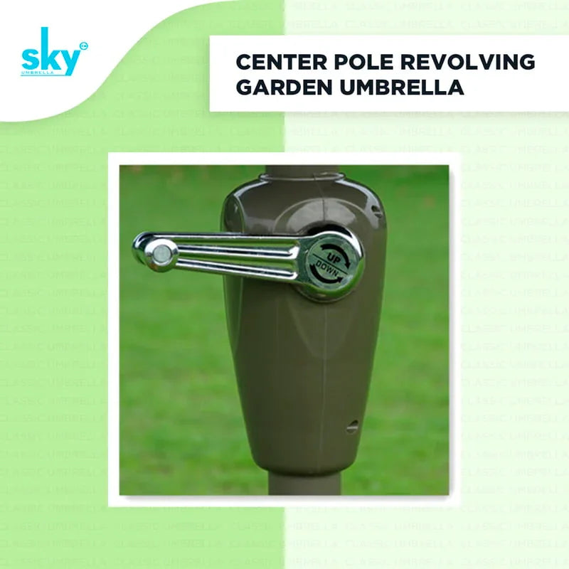 Close up of crank handle mechanism to open and close the umbrella 