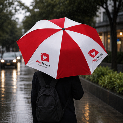 A person walking in the rain holding a red and white PlayHouse branded umbrella, wearing a black coat and backpack on a wet city street.