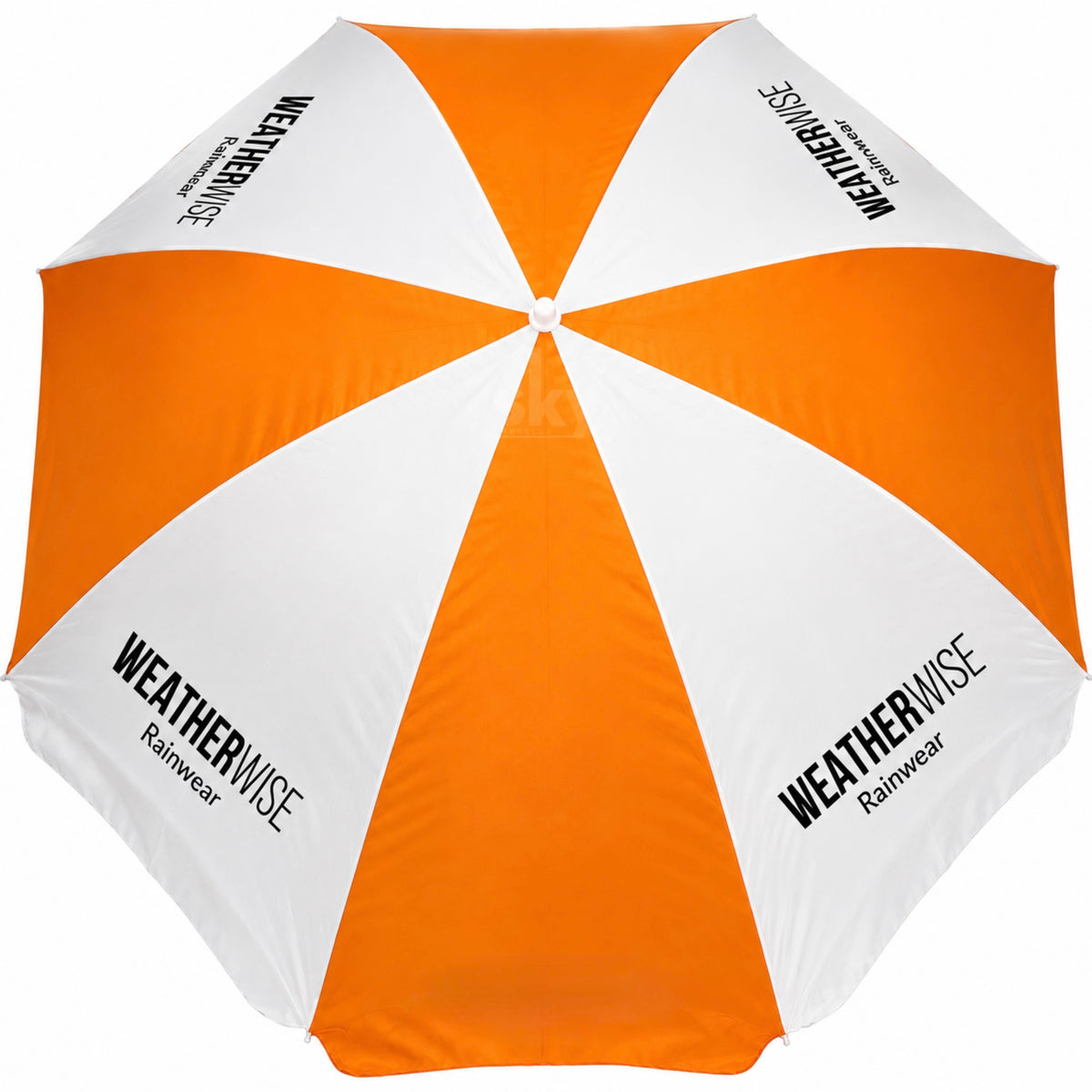 An open beach umbrella with alternating orange and white panels, featuring the WeatherWise Rainwear logo printed in black on each panel, shown against a plain white background.